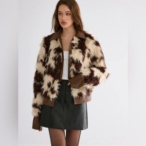 34 Commense Faux Leather Panel Faux Fur Coat